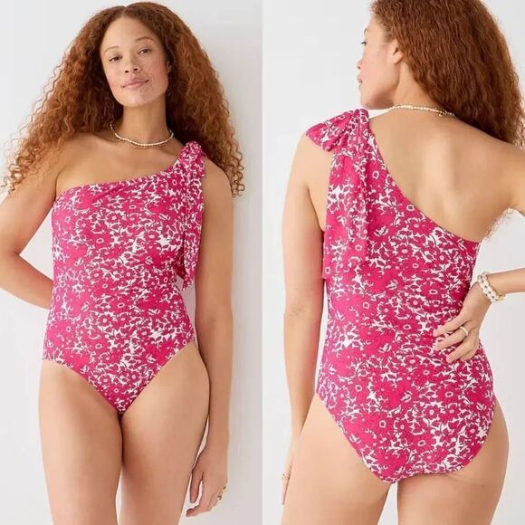 J. Crew Bow one-shoulder one-piece swimsuit in blushing meadow 8 NWT - Picture 1 of 10